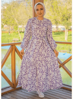 Lilac - Multi - Crew neck - Unlined - Cotton - Modest Dress - Sevit-Li
