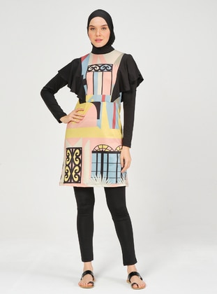 Patterned Flywheel Decorated Hijab Swimsuit Black