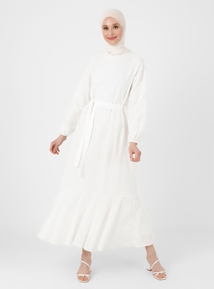 Fisto Modest Dress Off White With Flared Skirt