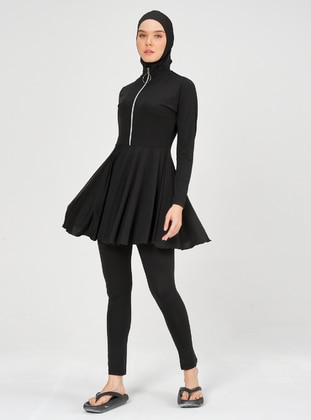 Zipper Decorated Hijab Swimsuit Black