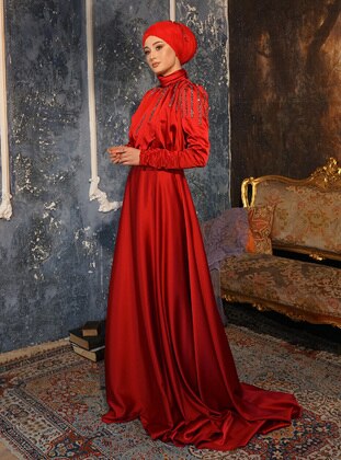 Red - Fully Lined - Crew neck - Modest Evening Dress - Gamze Özkul