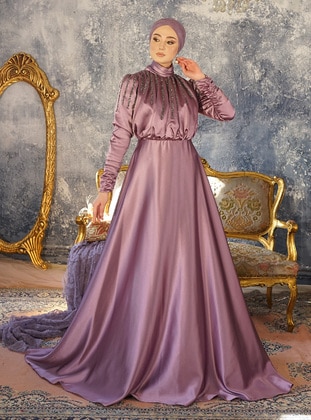 Lilac - Fully Lined - Crew neck - Modest Evening Dress - Gamze Özkul