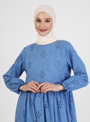 Blue - Crew neck - Fully Lined - Cotton - Modest Dress - Refka
