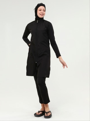 Black - Fully Lined - Full Coverage Swimsuit Burkini - Alfasa