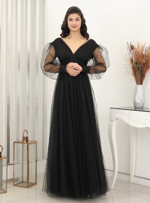 Black - Fully Lined - Black - V neck Collar - Evening Dresses - Surikka