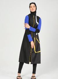 One Side Patterned Long Hijab Swimsuit Black