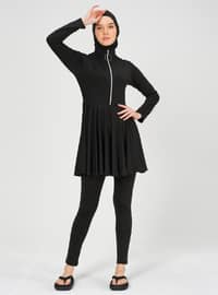 Zipper Decorated Hijab Swimsuit Black