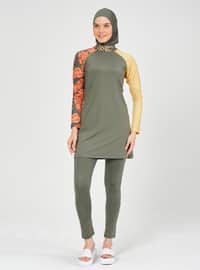 One Sleeve Patterned Hijab Swimsuit Khaki