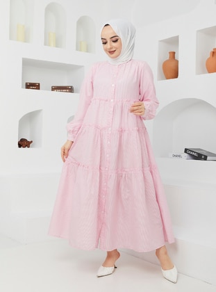 Pink - Crew neck - Unlined - Cotton - Modest Dress - SAHRA BUTİK