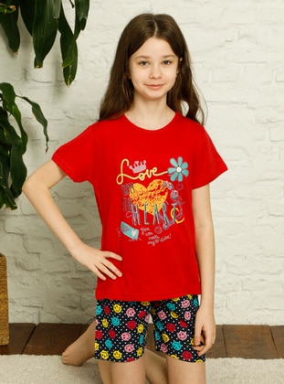 Multi - Crew neck - Red - Cotton - Girls` Pyjamas - Akbeniz Kids