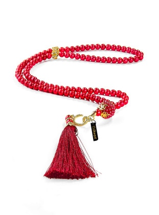 99 Pearl Rosary Tasbih With Vav Tughra - Red