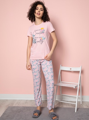 Pink - Crew neck - Multi - Pyjama Set - Fawn