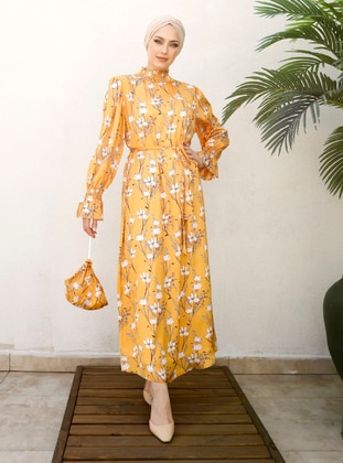 Mustard - Floral - Polo neck - Unlined - Modest Dress - İnşirah