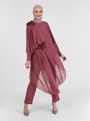 Floral Detailed Evening Dress Jumpsuit Rose Color - Refka