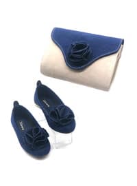 Faux Suede Flat Shoes & Bag Set Navy Blue Mink