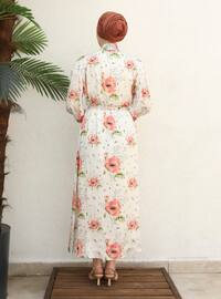 Ecru - Floral - Polo neck - Unlined - Modest Dress