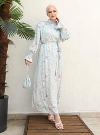 Turquoise - Floral - Polo neck - Unlined - Modest Dress