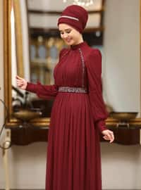Maroon - Fully Lined - Crew neck - Modest Evening Dress