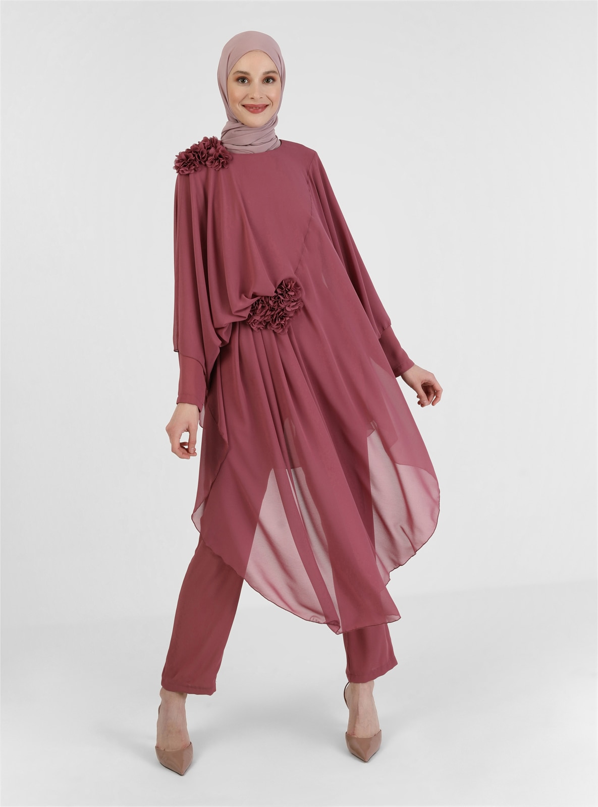 Floral Detailed Evening Dress Jumpsuit Rose Color