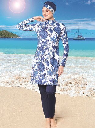 White - Blue - Multi - Fully Lined - Full Coverage Swimsuit Burkini - Ruko Mayo