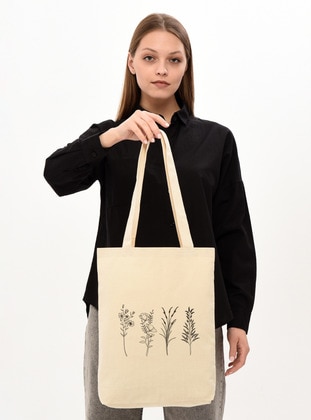 Canvas 4 Branched Flower Tote Bag Cream-Beige