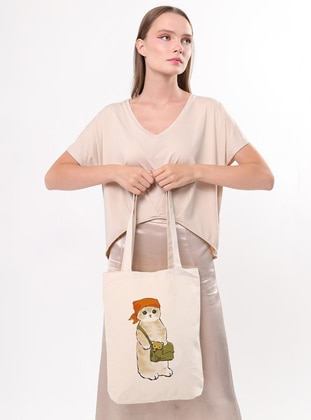 Cat Tote Bag Cream-Beige With Canvas Bag