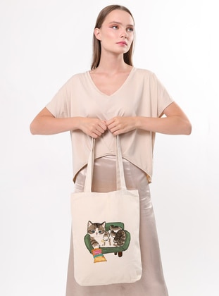 Canvas Chips Eating Cat Tote Bag Cream-Beige