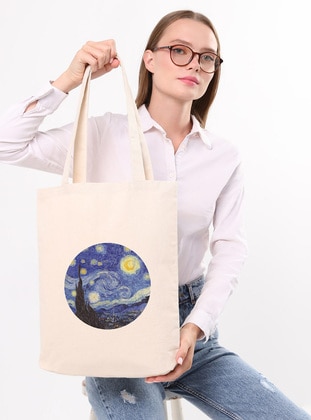 Canvas Starry Night Tote Bag Cream-Beige