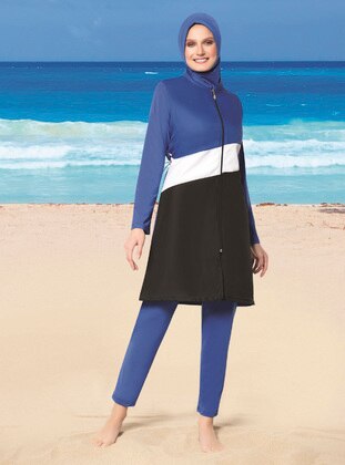 Blue - Black - Fully Lined - Full Coverage Swimsuit Burkini - Ruko Mayo