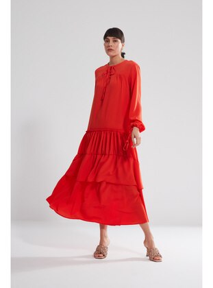 Coral - Crew neck - Fully Lined - Modest Dress - MIZALLE