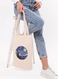 Canvas Starry Night Tote Bag Cream-Beige