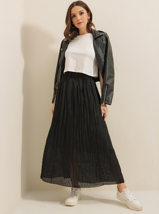 Black - Stripe - Fully Lined - Cotton - Skirt - By Saygı