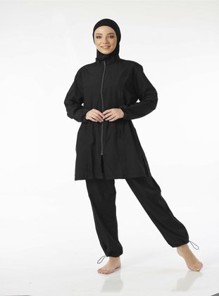 Black - Multi - Fully Lined - Full Coverage Swimsuit Burkini  - Estiva