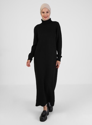 Black - Unlined - Polo neck - Knit Dresses - Refka