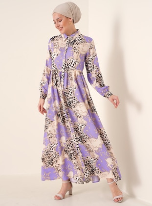 Lilac - Multi - Point Collar - Unlined - Viscose - Modest Dress - By Saygı