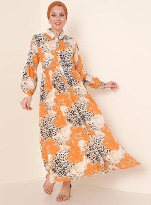 Salmon - Multi - Point Collar - Unlined - Viscose - Modest Dress - By Saygı