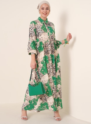 Green - Multi - Point Collar - Unlined - Viscose - Modest Dress - By Saygı