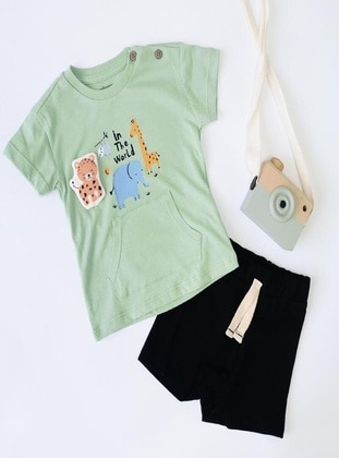 Printed - Crew neck - Unlined - Green - Cotton - Baby Suit - MİNİPUFF BABY