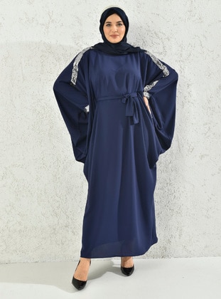 Shoulder And Cuffs Sequin Detailed Abaya Navy Blue Silver