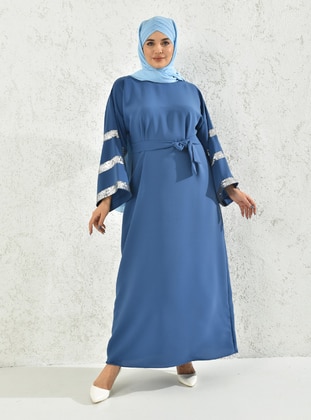 Two Color Casual Modest Dress Indigo With D Buckle Belt On The Sides