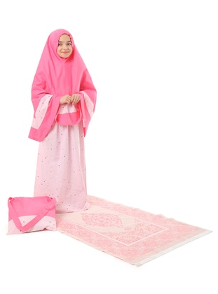 Multicolor Star Printed Girl's Prayer Dress Set Pink With Bag Prayer Rug