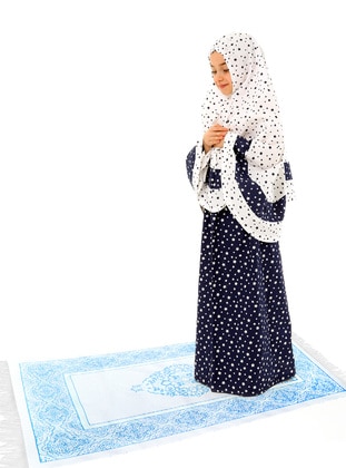 3-Piece Prayer Dress Set For Girls With Prayer Rug Star Printed Belt Pattern - Navy Blue