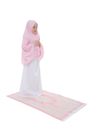 3-Piece Girl's Prayer Dress Set With Prayer Rug Star Printed Lace Detail Pink