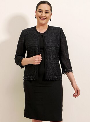 Black - Crew neck - Fully Lined - Plus Size Evening Suit - By Saygı