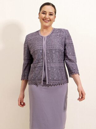 Lilac - Crew neck - Fully Lined - Plus Size Evening Suit - By Saygı