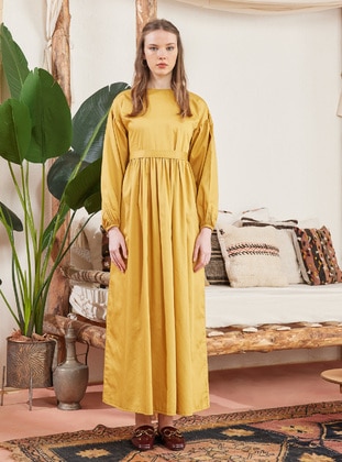 Yellow - Crew neck - Unlined - Cotton - Satin - Modest Dress - Ceylan Otantik