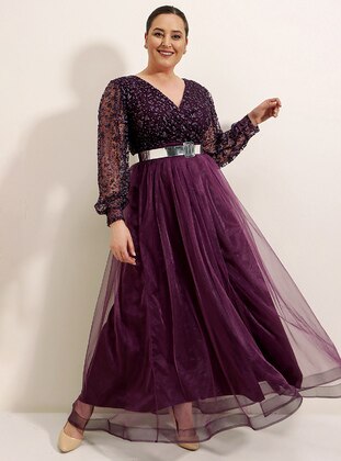 Purple - Double-Breasted - Modest Plus Size Evening Dress - By Saygı
