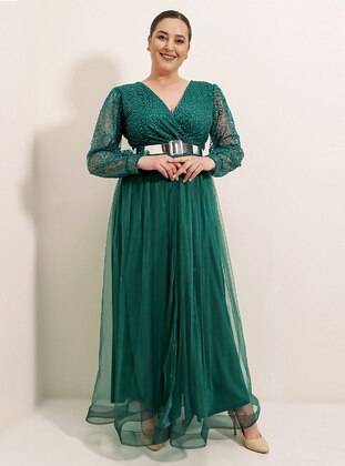 Waist Belt Detailed Lined Long Sleeve Plus Size Long Dress Emerald