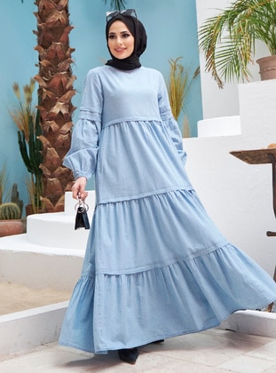 Blue - Denim - Cotton - Modest Dress - Neways