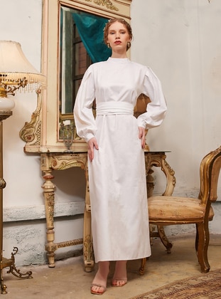 White - Crew neck - Unlined - Cotton - Modest Dress - Ceylan Otantik